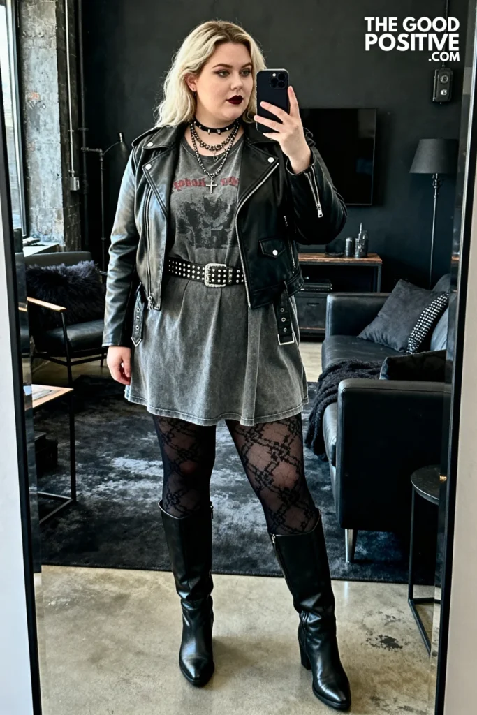 Plus Size Band Tee Dress and Leather Jacket with Tights and Boots Outfit