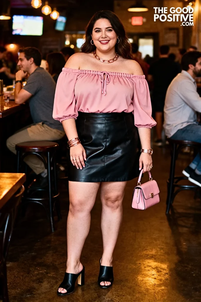Plus Size Bardot Neckline Top and Leather Skirt Outfit