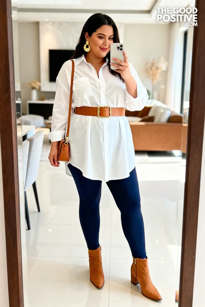 Plus Size Belted Long Shirt and Leggings Outfit