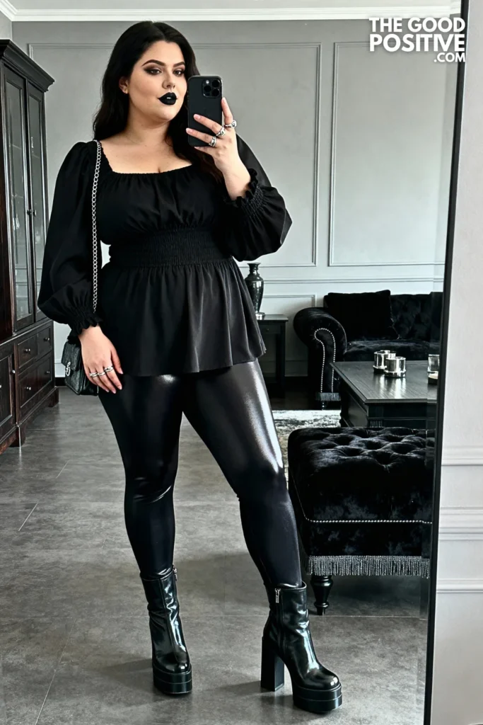 Plus Size Bishop Sleeve Top with Coated Leggings Outfit