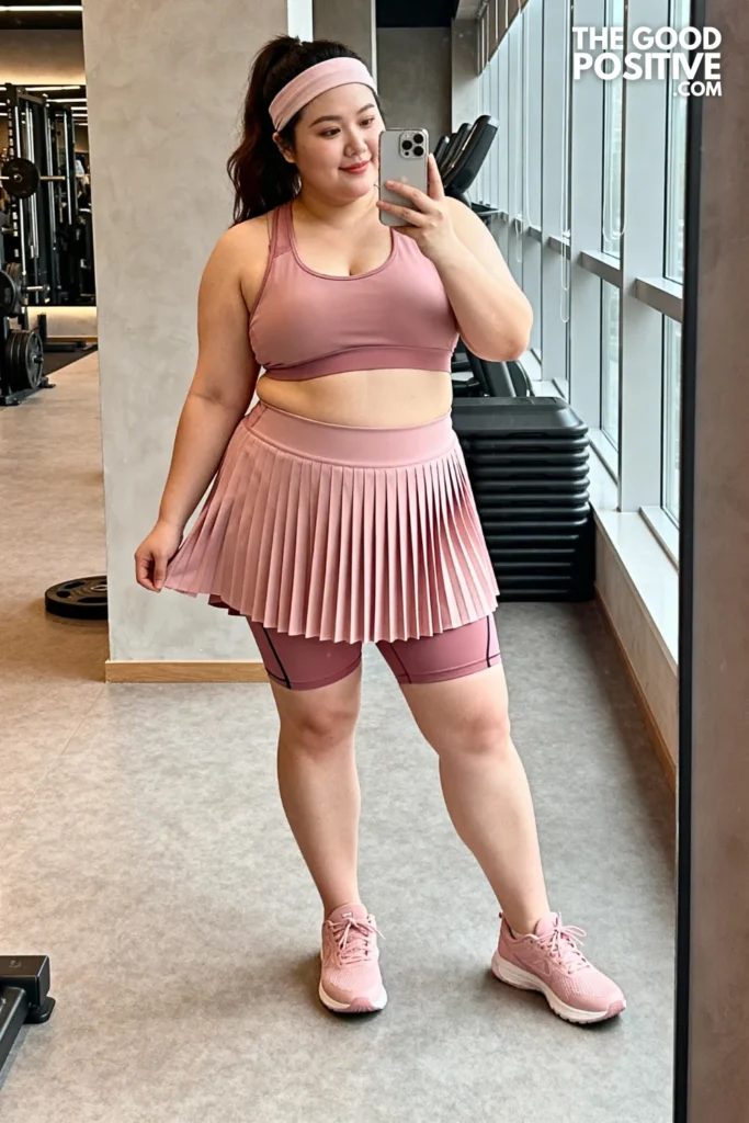 Plus Size Blush Pink Modest Running Skirt & Long Sleeve Rash Guard Outfit