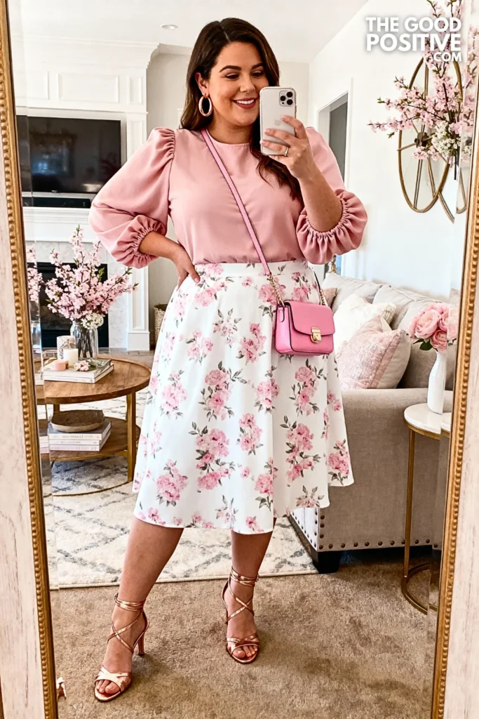 Plus Size Blush Pink Ruched Sleeve Top with Printed Skirt Outfit