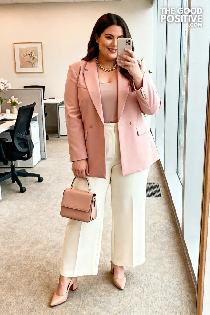 Plus Size Blush Pink Tailored Blazer With Wide-Leg Trousers Outfit