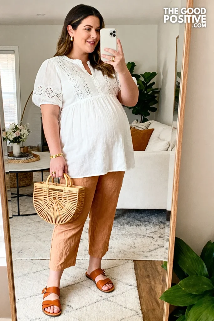 Plus Size Broderie Anglaise Maternity Top and Cropped Linen Pant Outfit