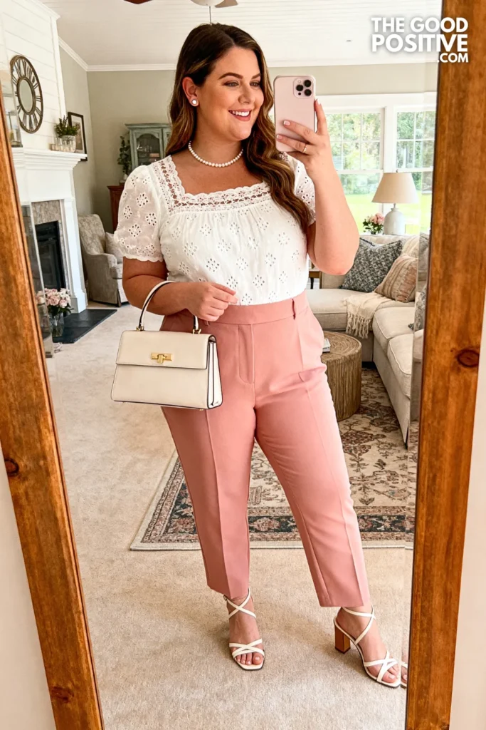 Plus Size Broderie Anglaise Top With High-Waist Trousers Classy Spring Outfit