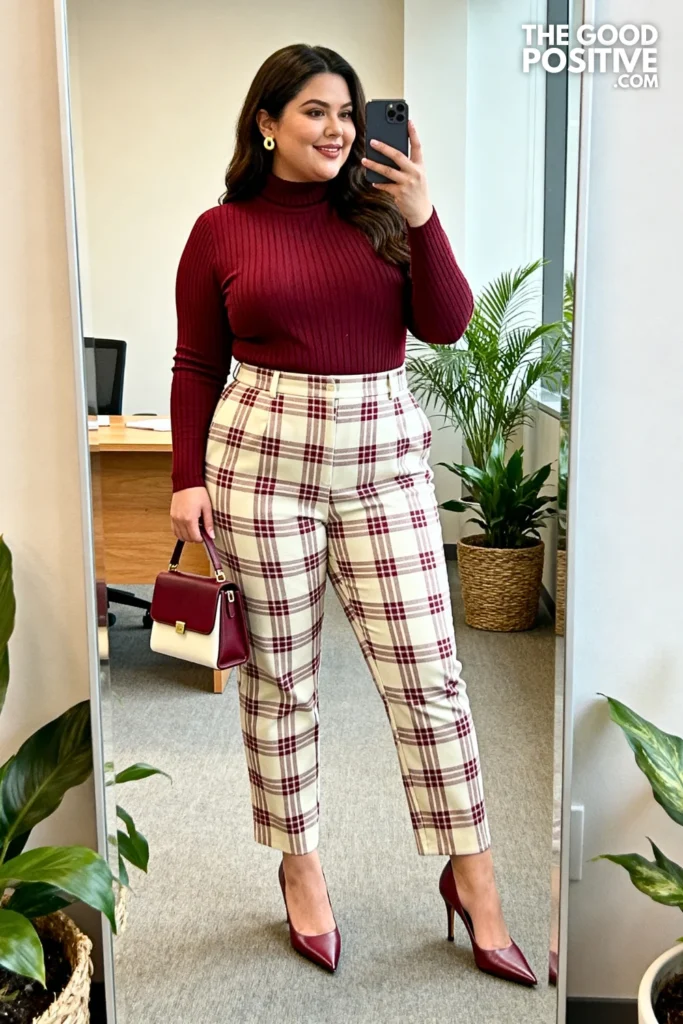 Plus Size Burgundy Fitted Turtleneck With High-Waist Plaid Trousers Outfit