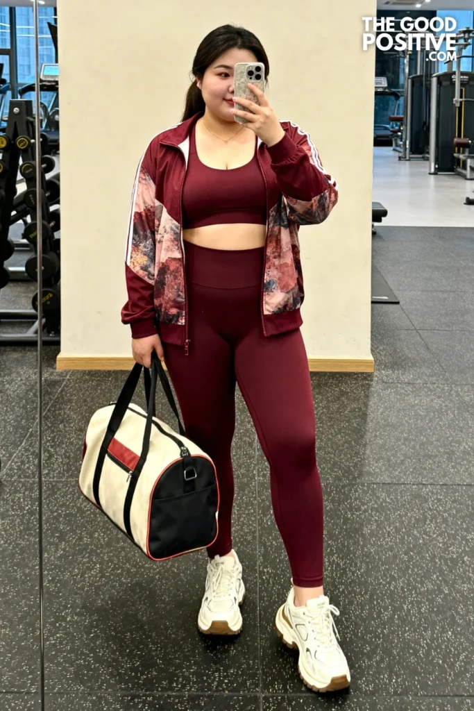 Plus Size Burgundy Seamless Set & Printed Lightweight Track Jacket Outfit