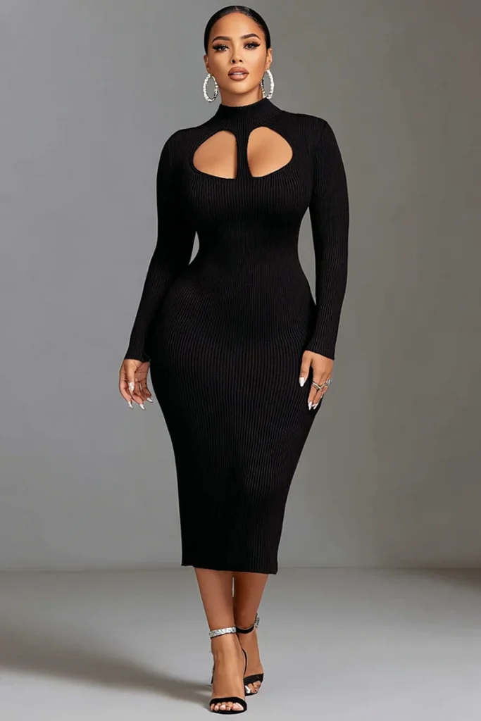 Plus Size Business Casual Black Mock Neck Long Sleeve Cut Out Casual Rib Knit Midi Dress