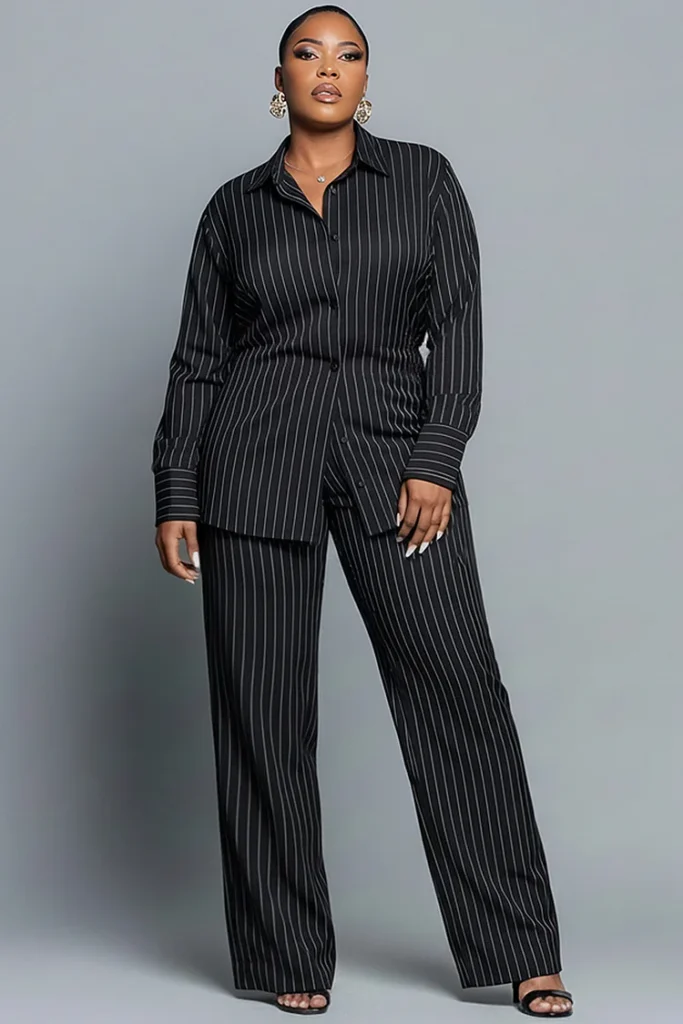Plus Size Business Casual Black Shirt Collar Long Sleeve Casual Two Piece Pant Set