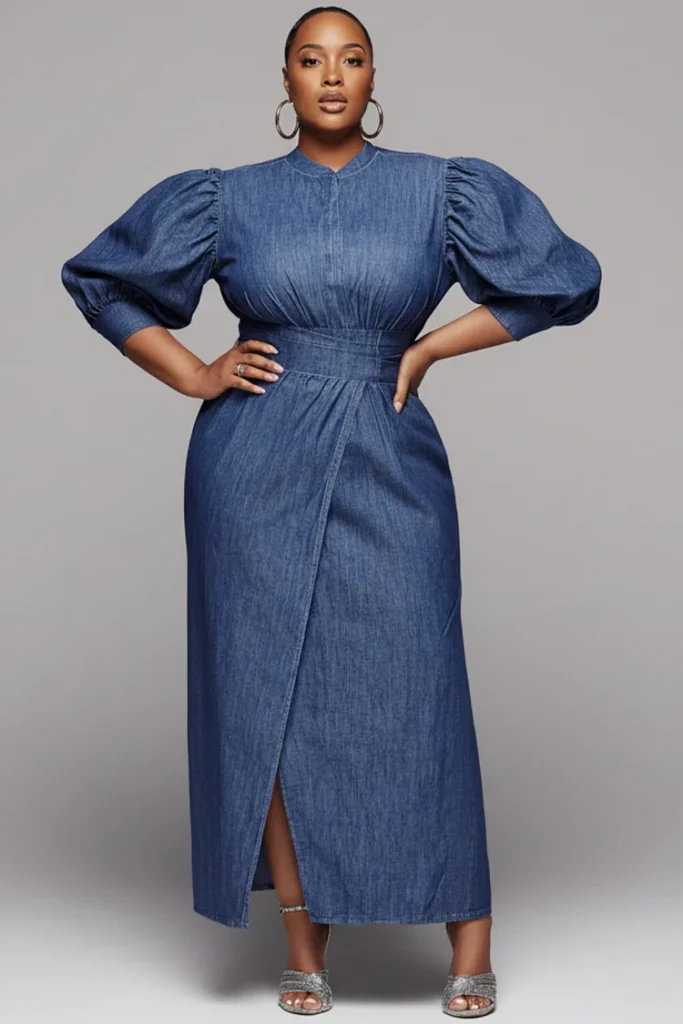 Plus Size Business Casual Blue Mock Neck Half Sleeve Split Elegant Denim Maxi Dress