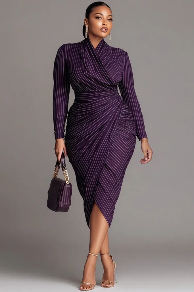 Plus Size Purple Pinstripe Wrap Neck Long Sleeve Ruched Elegant Midi Dress