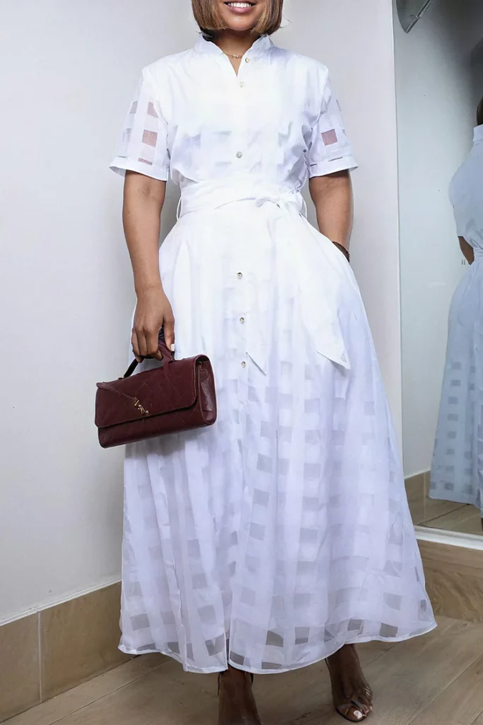 Plus Size Business Casual White Shirt Collar Short Sleeve Pocket Casual Maxi Dress
