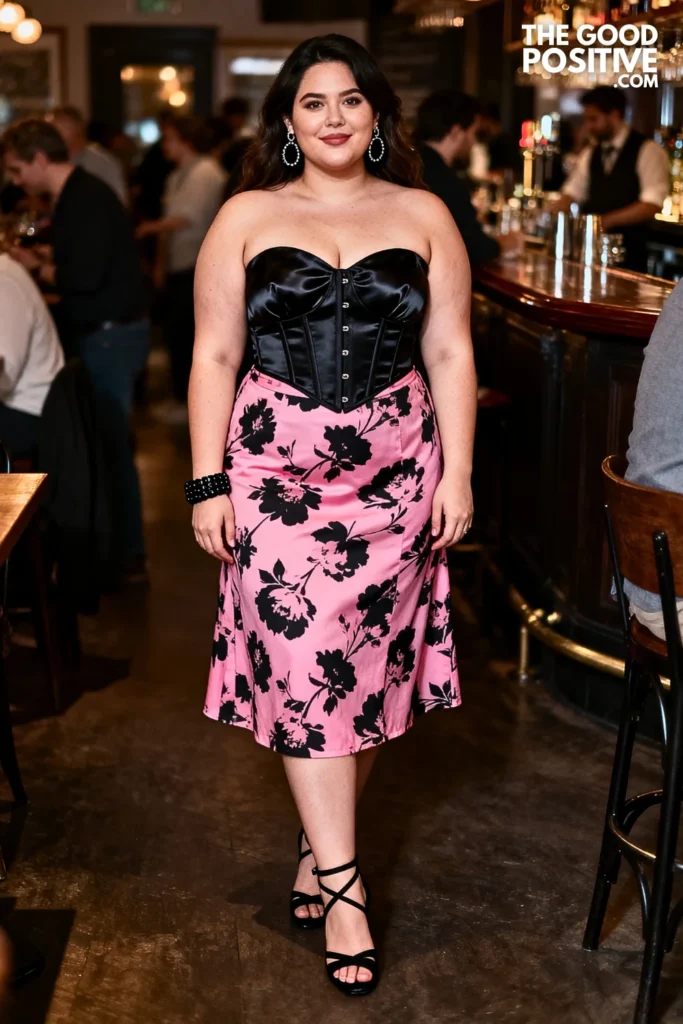 Plus Size Bustier Top and Printed Midi Skirt Outfit