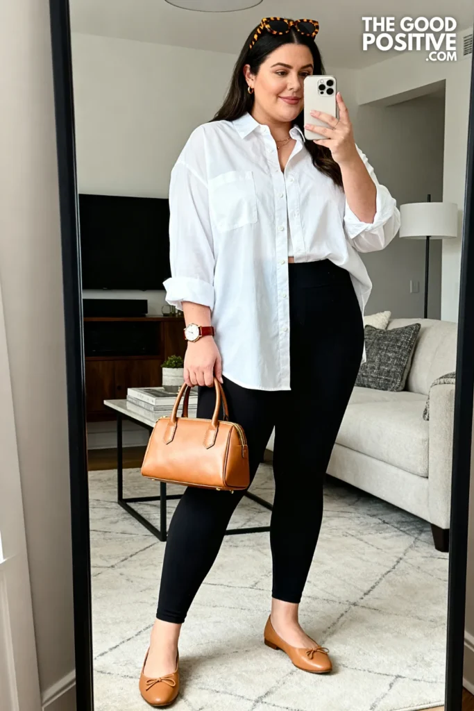 Plus Size Button-Down Shirt and Leggings Outfit