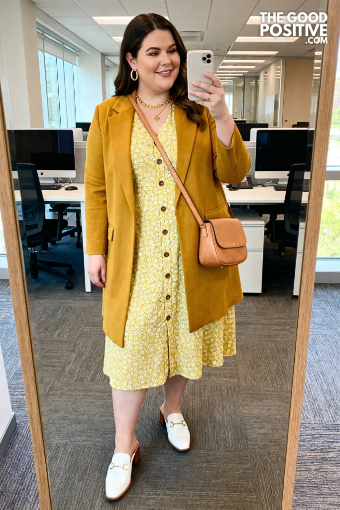 Plus Size Button-Front Midi Dress With Structured Cardigan Teacher Outfit