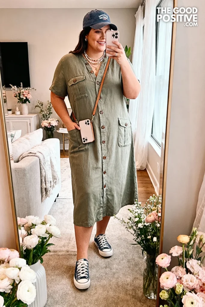 Plus Size Button-Front Midi Dress with Pockets