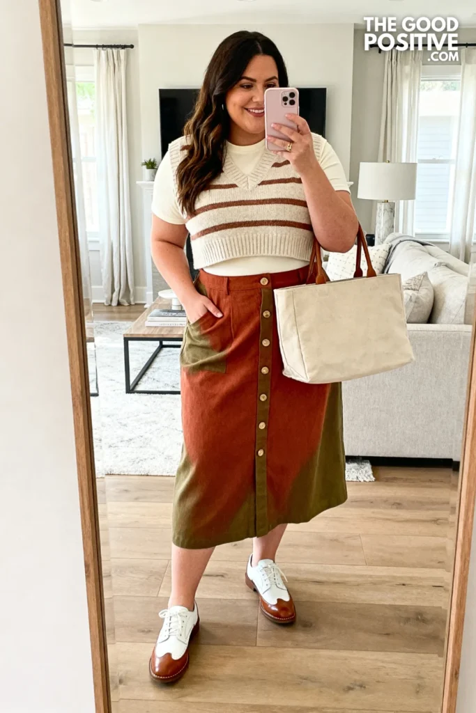 Plus Size Button-Front Midi Skirt With Knit Vest And Tee Outfit
