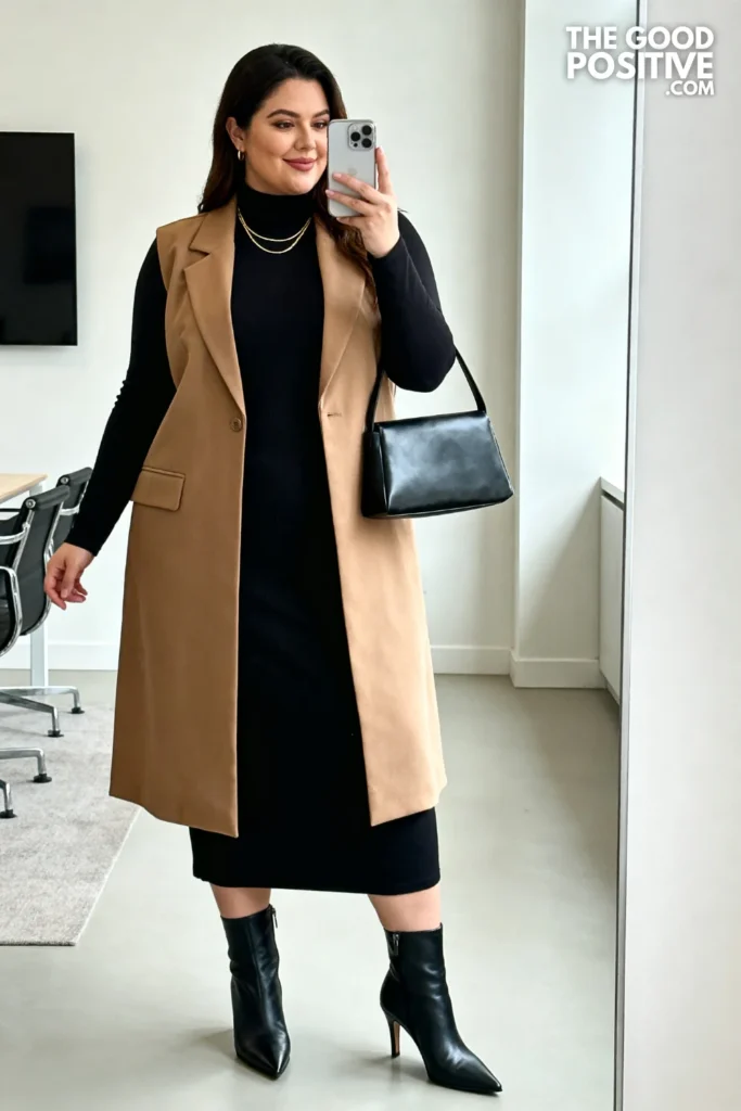 Plus Size Camel Longline Vest Over Fitted Black Turtleneck Dress Outfit