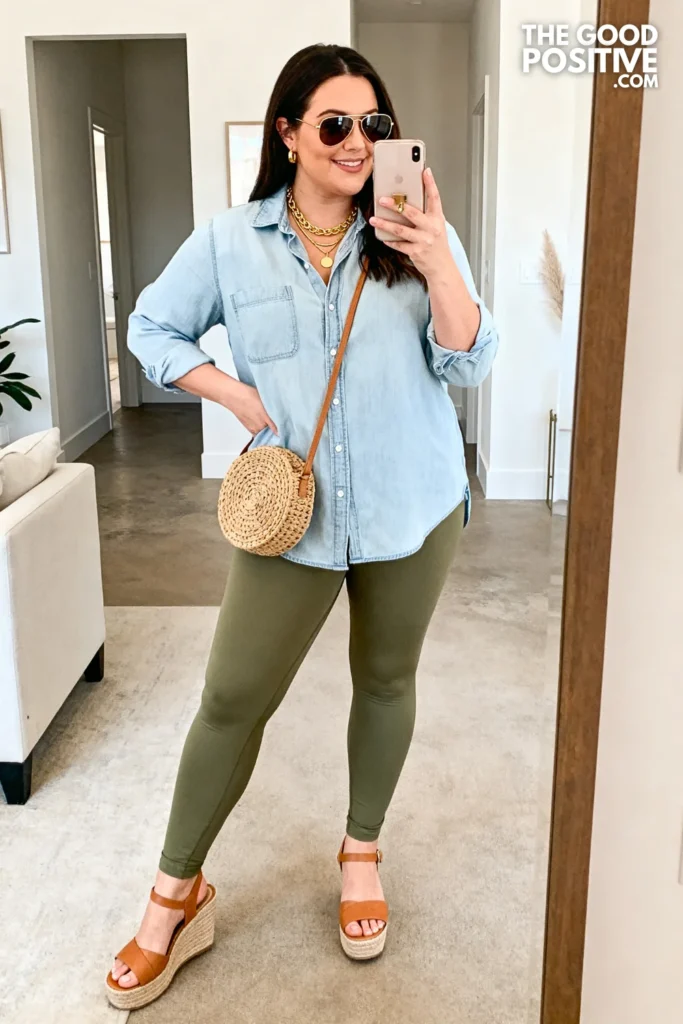 Plus Size Chambray Shirt and Olive Leggings Outfit