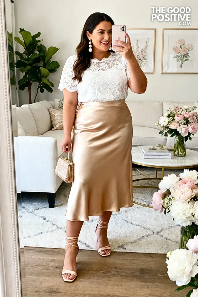 Plus Size Champagne Satin Midi Skirt with Lace Top Outfit