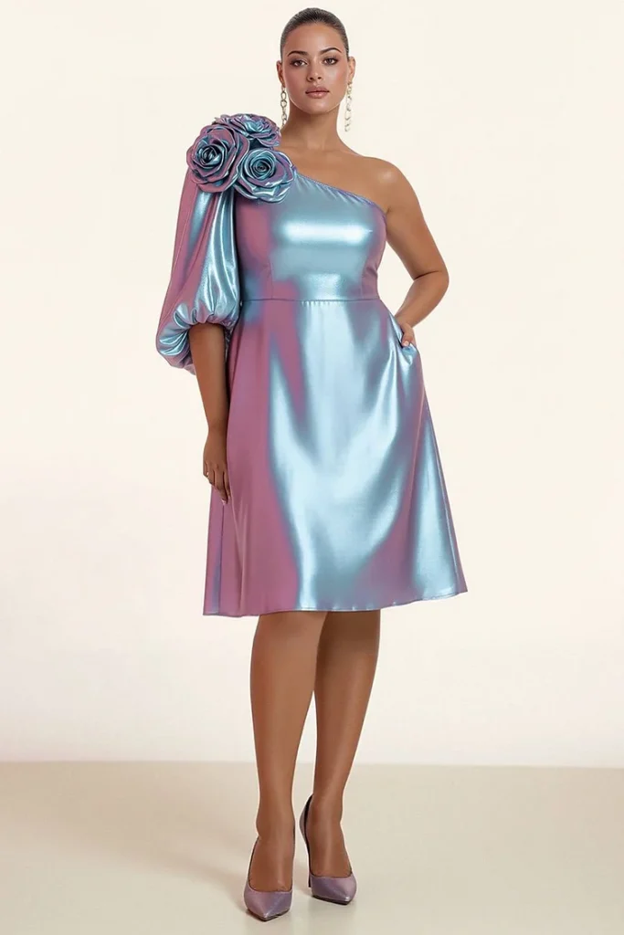 Plus Size Cocktail Party Light Blue One Shoulder Short Sleeve 3D Midi Dress