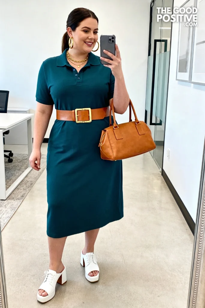 Plus Size Collared Polo Shirt Dress With Statement Belt Business Casual Outfit