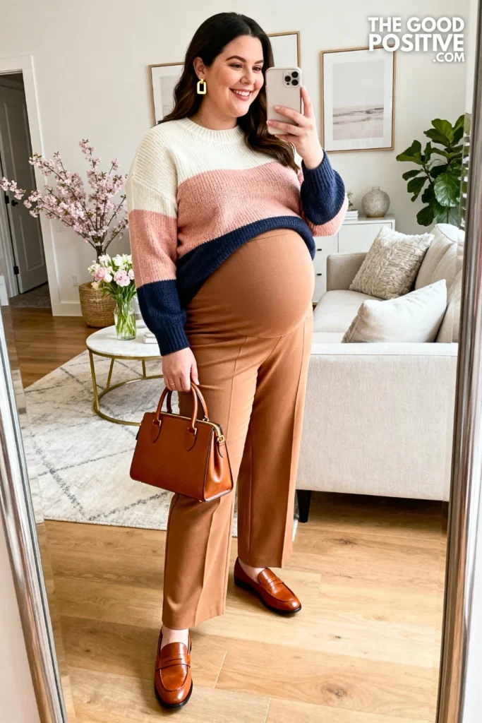 Plus Size Color-Block Maternity Sweater and Wide-Leg Trouser Outfit