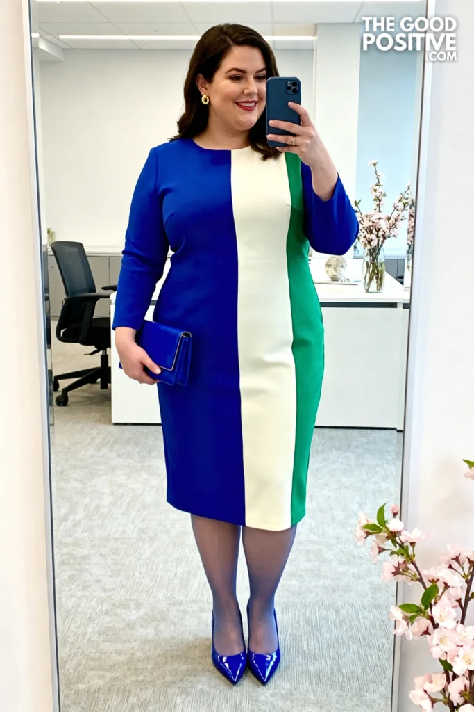 Plus Size Color-Block Midi Sheath Dress With Pointed Flats Corporate Spring Outfit