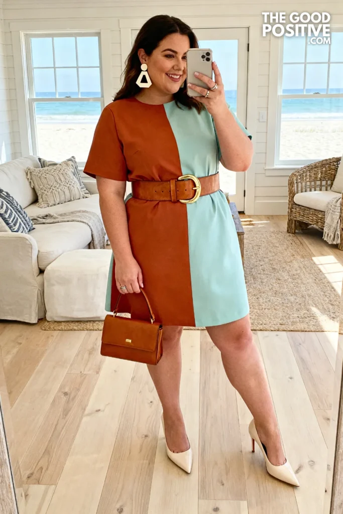 Plus Size Color Block Shift Dress With Statement Belt Classy Dinner Outfit