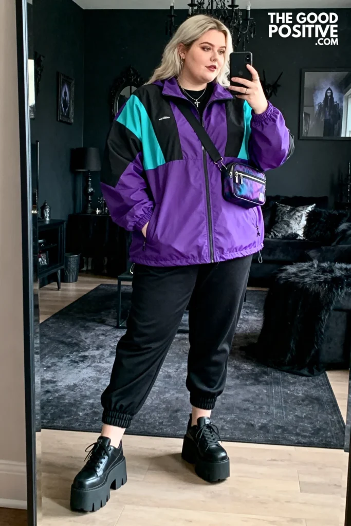 Plus Size Color Block Windbreaker and Black Joggers with Platform Shoes Outfit