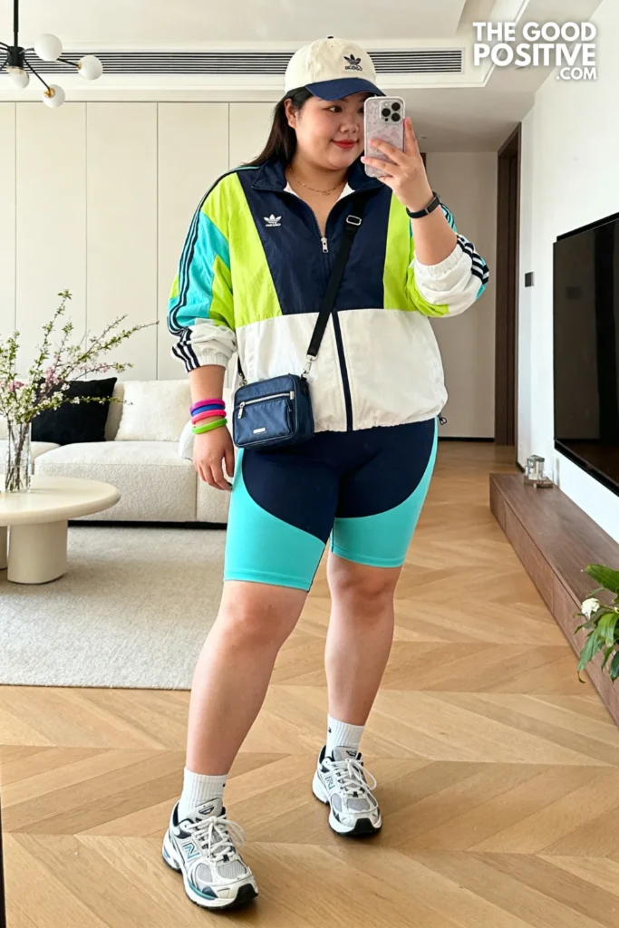 Plus Size Color Block Zip-Up Jacket and Biker Shorts Streetwear Outfit