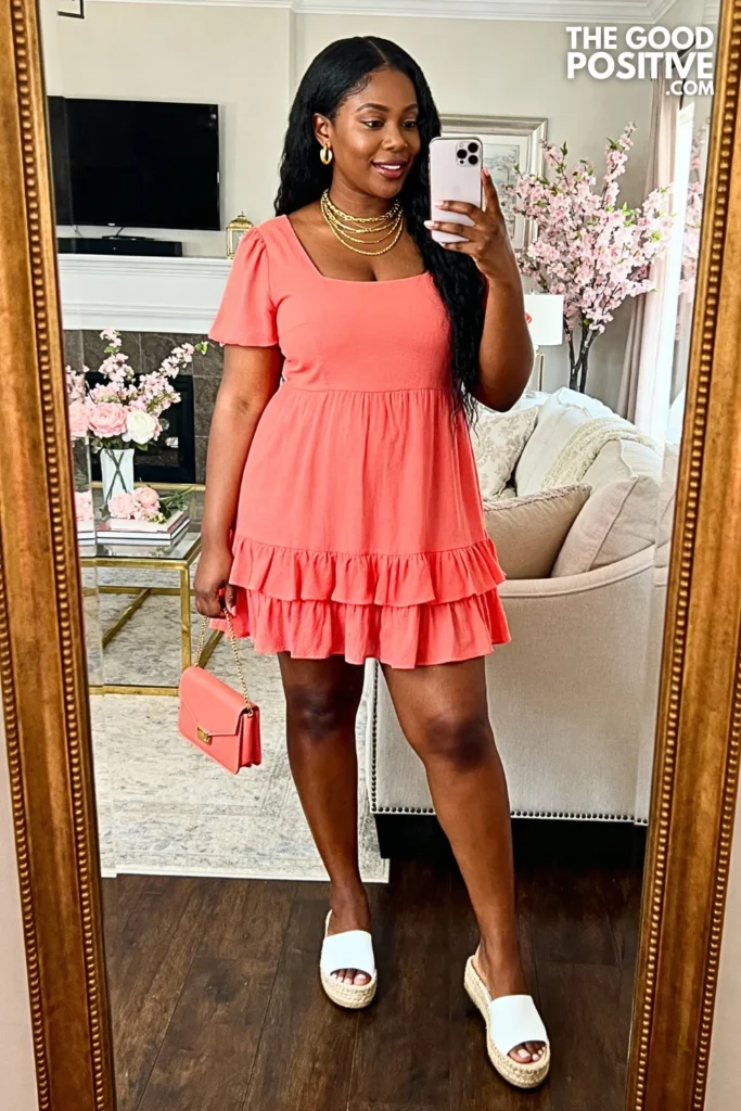 Plus Size Coral Ruffle Hem Mini Dress Outfit