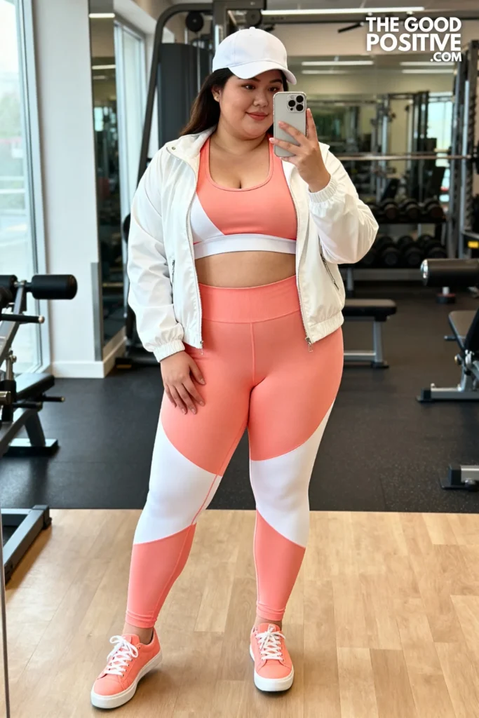 Plus Size Coral & White Color-Block Sports Set Outfit