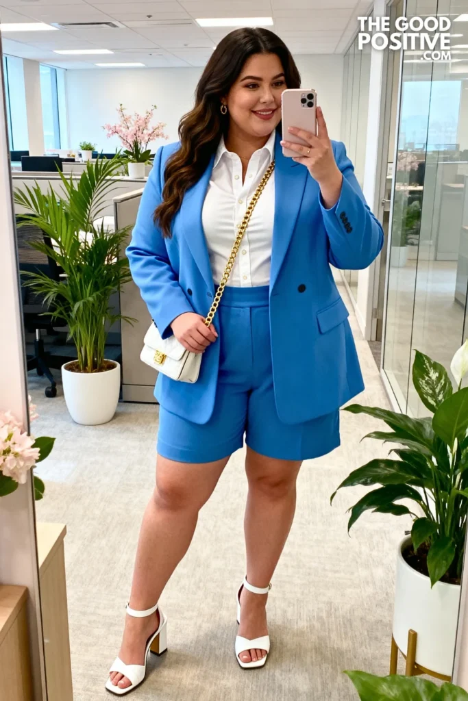 Plus Size Cornflower Blue Tailored Shorts Suit With Blazer Outfit