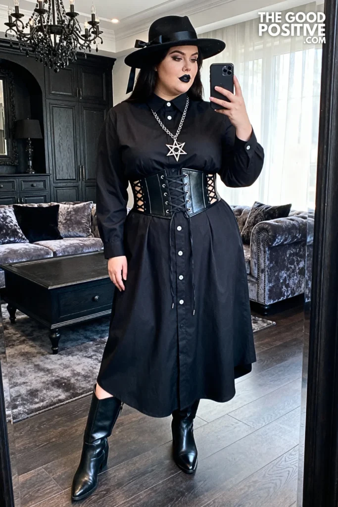 Plus Size Corset Belt Over Maxi Shirt Dress Outfit