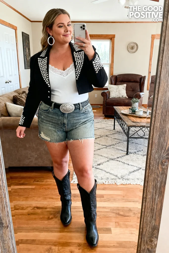 Plus Size Country Concert Rhinestone Crop Blazer & Denim Shorts Outfit