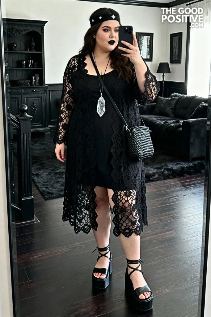Plus Size Crochet Overlay Dress with Platform Sandals Outfit