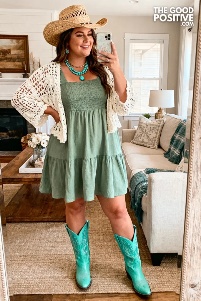 Plus Size Crochet Vest Over Sundress With Turquoise Cowgirl Boots Outfit