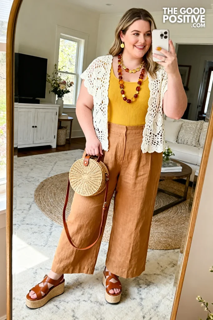 Plus Size Crochet Western Vest & Wide-Leg Linen Trouser Boho Country Outfit