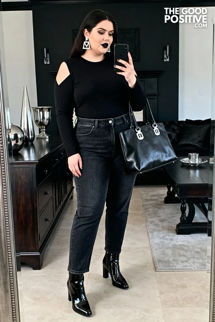 Plus Size Cut-Out Shoulder Top with Straight Leg Jeans Outfit