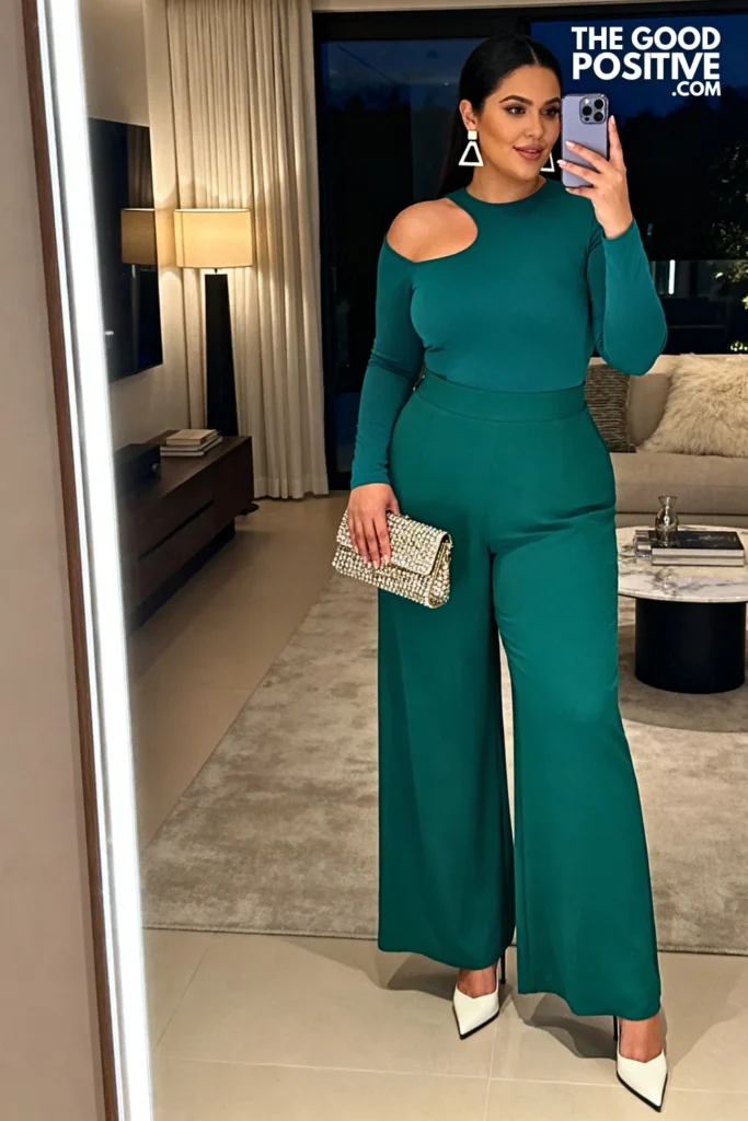 Plus Size Cutout Shoulder Top and Palazzo Pants Outfit