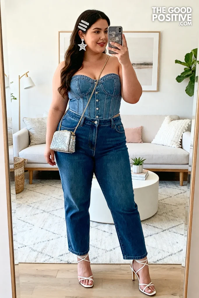 Plus Size Denim Corset Top and Straight Leg Jeans Party Outfit
