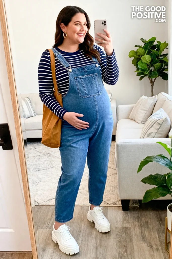 Plus Size Denim Maternity Overalls and Striped Long-Sleeve Tee Outfit