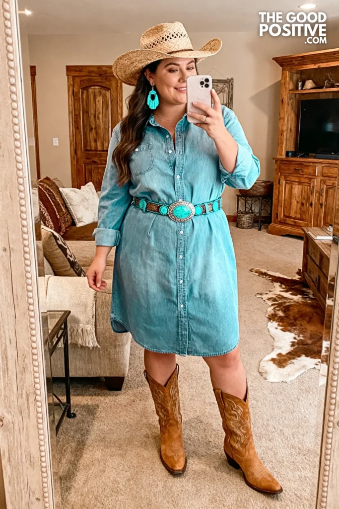 Plus Size Denim Shirt Dress With Turquoise Belt And Tan Cowgirl Boots Outfit