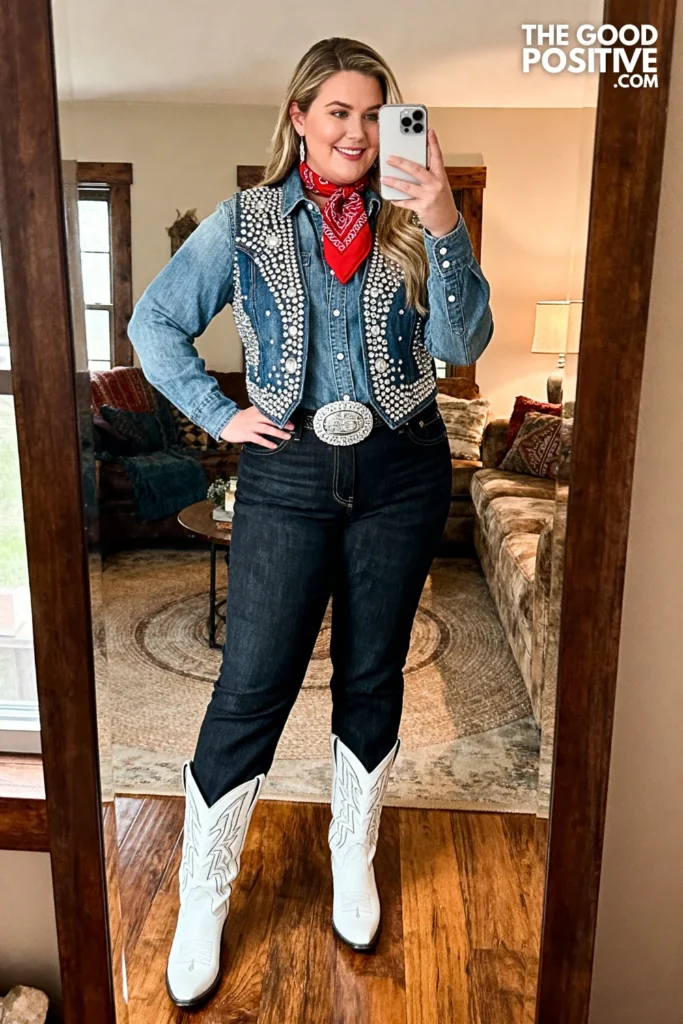 Plus Size Denim-on-Denim Rodeo Queen Outfit with Embellished Rhinestone Vest