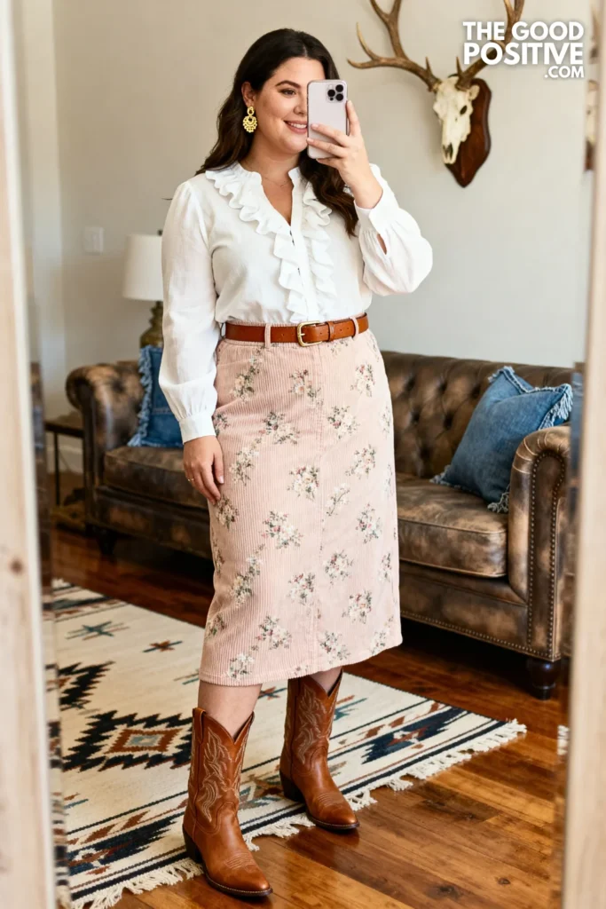 Plus Size Ditsy Floral Corduroy Skirt With Tucked Ruffle Blouse And Cognac Cowgirl Boots Outfit