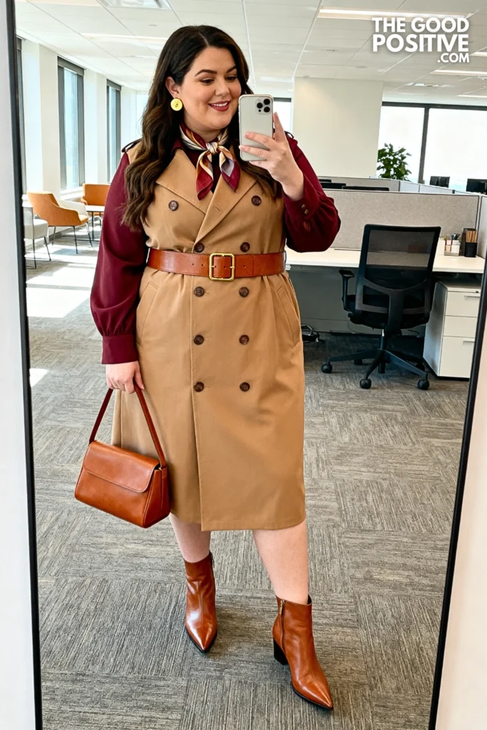 Plus Size Double-Breasted Trench Coat Dress With Leather Belt Corporate Look
