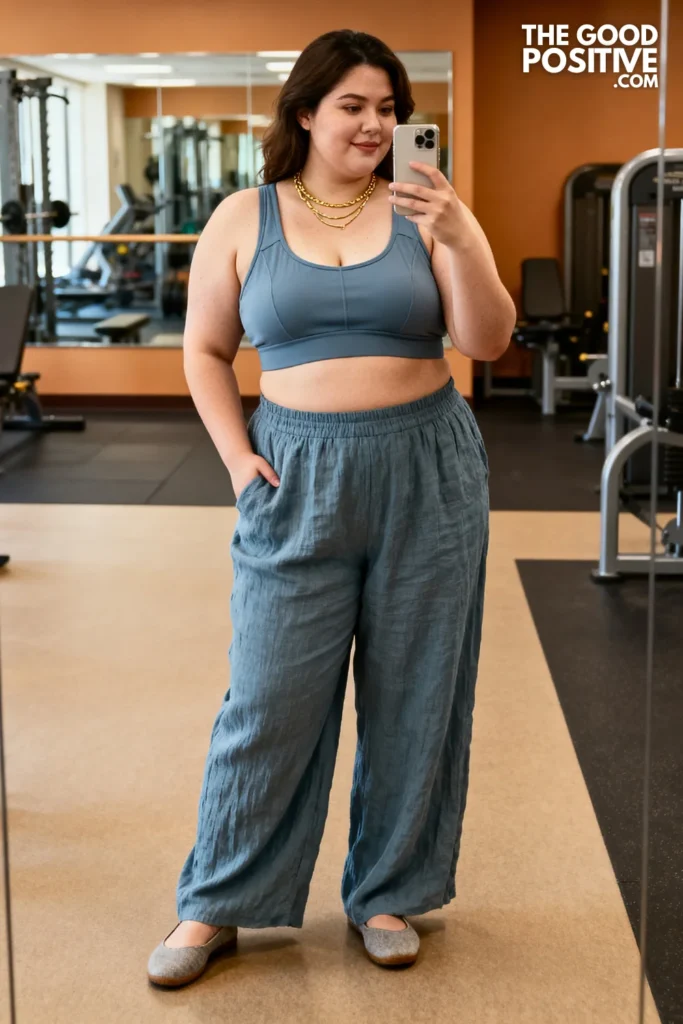 Plus Size Dusty Blue Loose Wide-Leg Linen Pants & Sports Bra Outfit