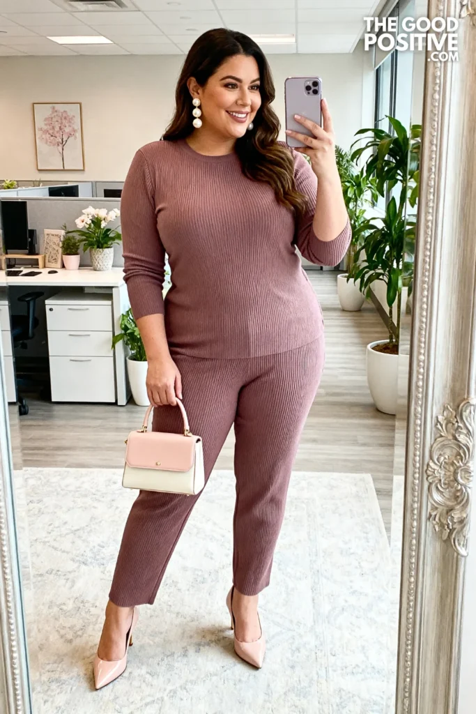 Plus Size Dusty Mauve Knit Co-Ord Set With Straight-Leg Trousers Outfit