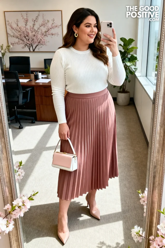 Plus Size Dusty Rose Pleated Midi Skirt With Fitted Ribbed Top Outfit